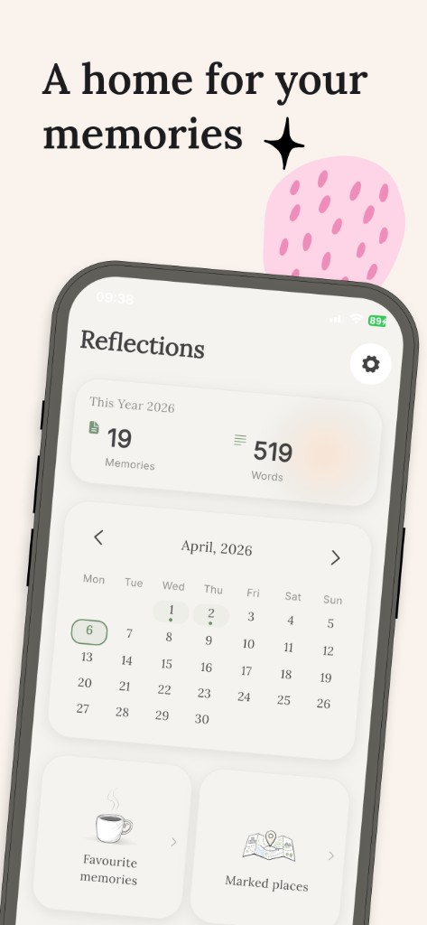 Hibi Reflections screen with yearly stats and calendar
