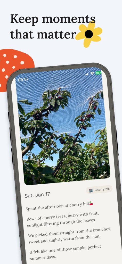 Hibi app screenshot: journal entry with cherry orchard photo and reflective writing