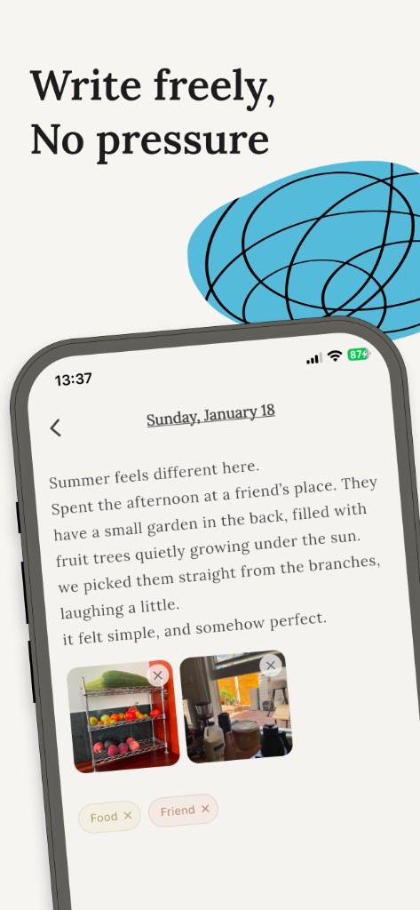 Hibi compose screen: journal text with photos and tags